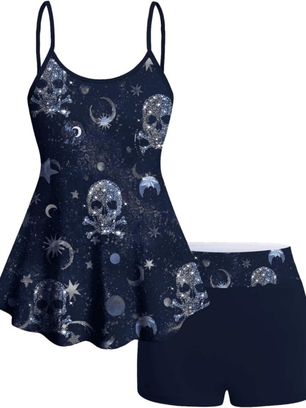 Plus Size Gothic Tankini Swimsuit - Tummy Control, Skull Print, Modest Two Piece